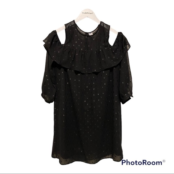 Old Navy Black Sparkle Cold Shoulder Empire Dress With Ruffles | NWOT | XS - Picture 1 of 11